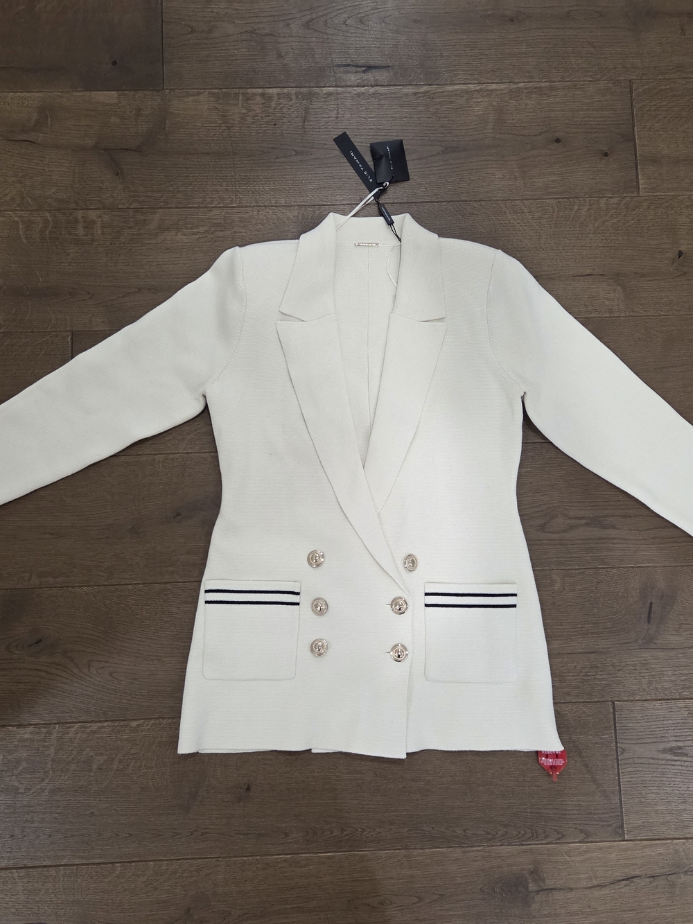 Nwt Elie Tahari Cream Double-Breasted Knit Blazer with Black Trim